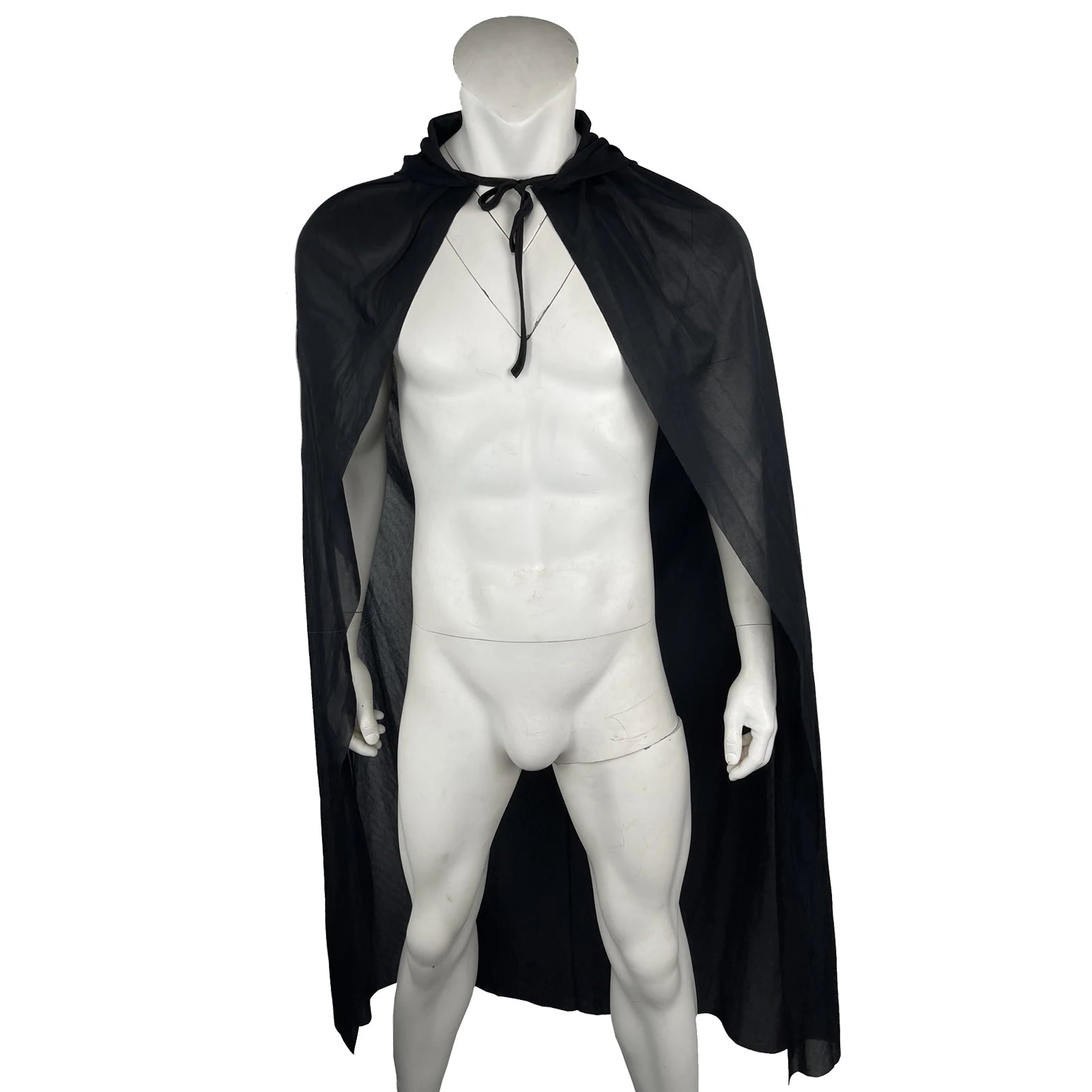 Black cape robe Halloween costume with hood and tie closure for a spooky look