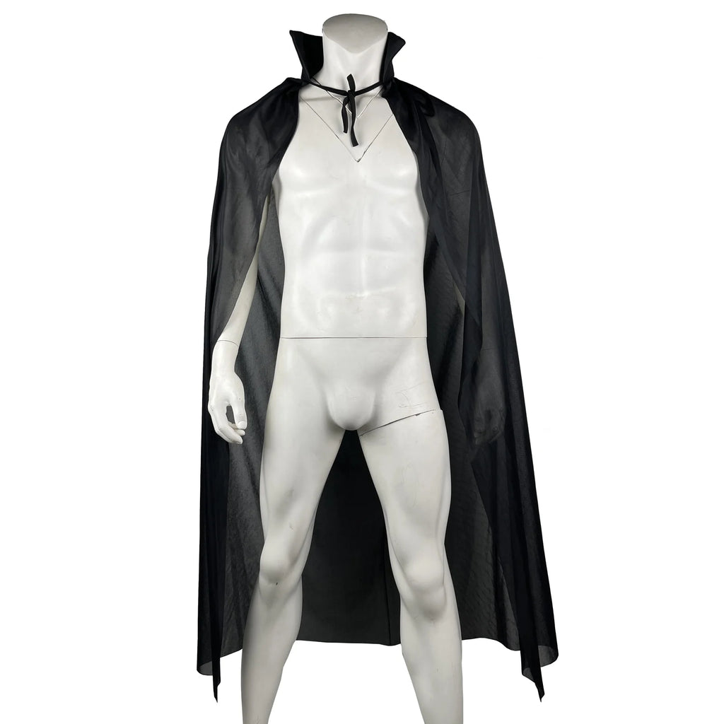 Black cape robe Halloween costume with a stylish collar and tie closure for a classic spooky look