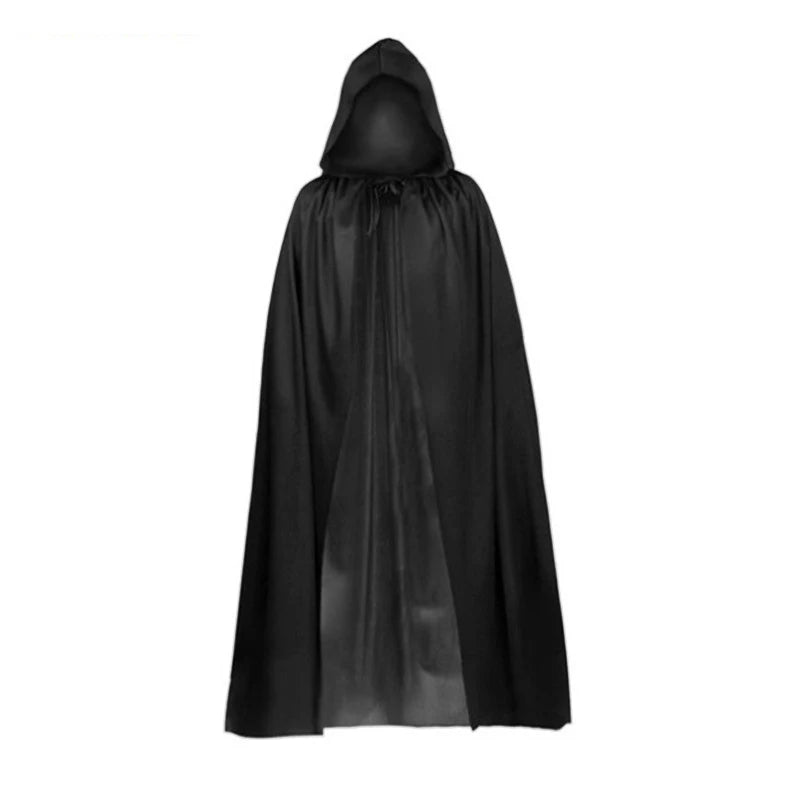 Black cape robe Halloween costume featuring a hood and flowing design for spooky outfits