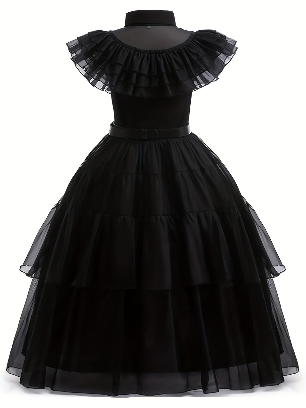 Black princess costume dress for girls with ruffled sleeves and layered tulle skirt