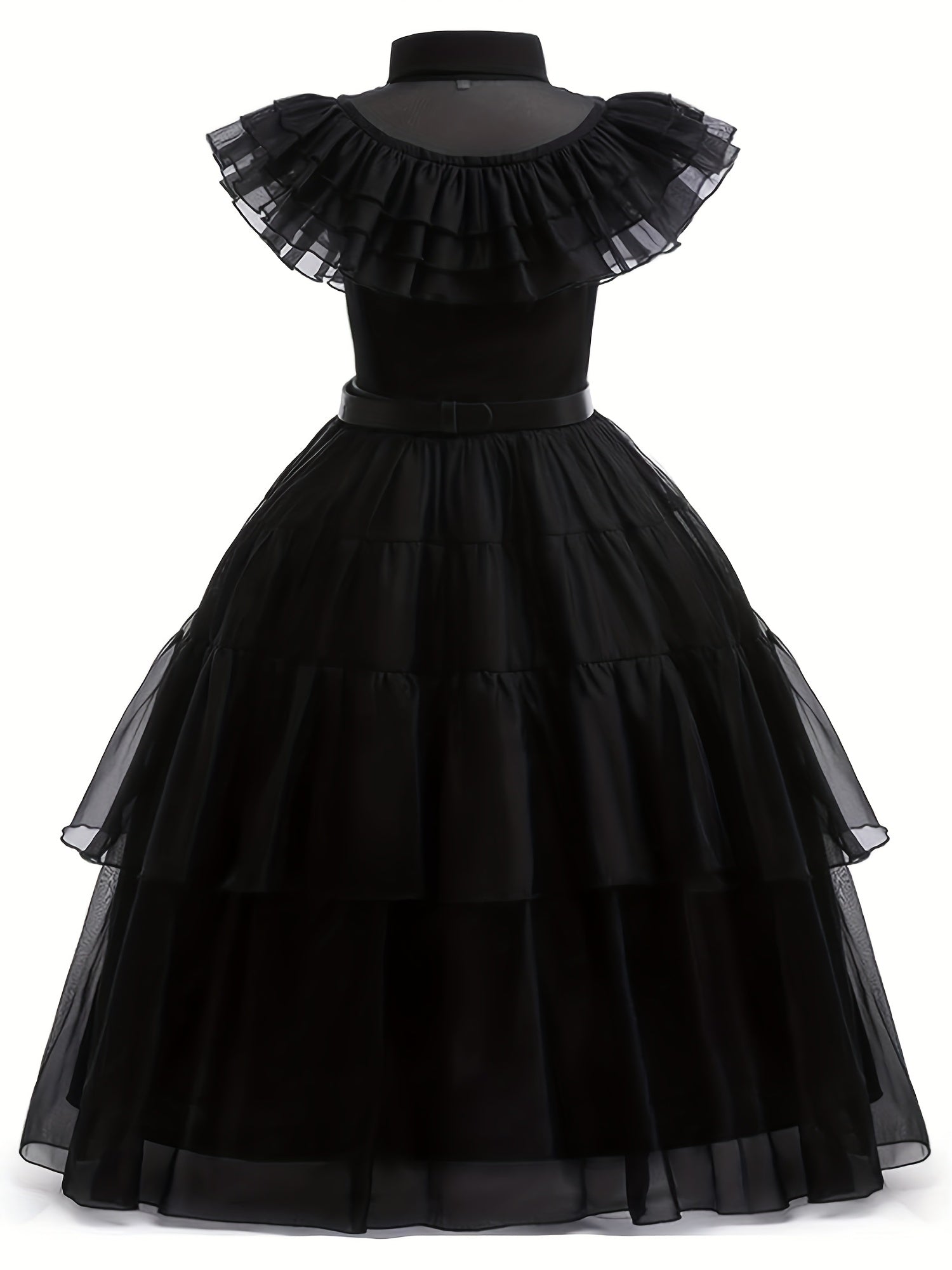 Black princess costume dress for girls with ruffled sleeves and layered tulle skirt