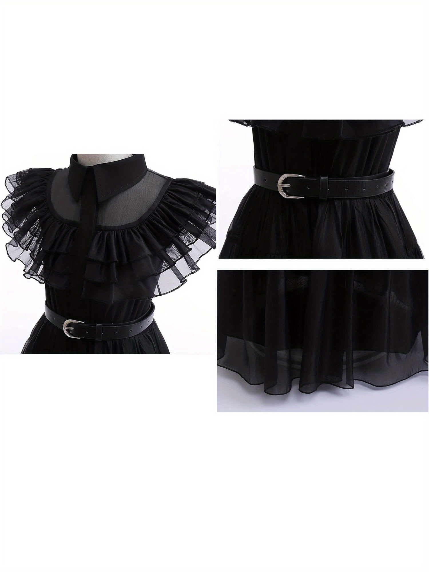 Black princess costume dress for girls with ruffled sleeves and a stylish belt