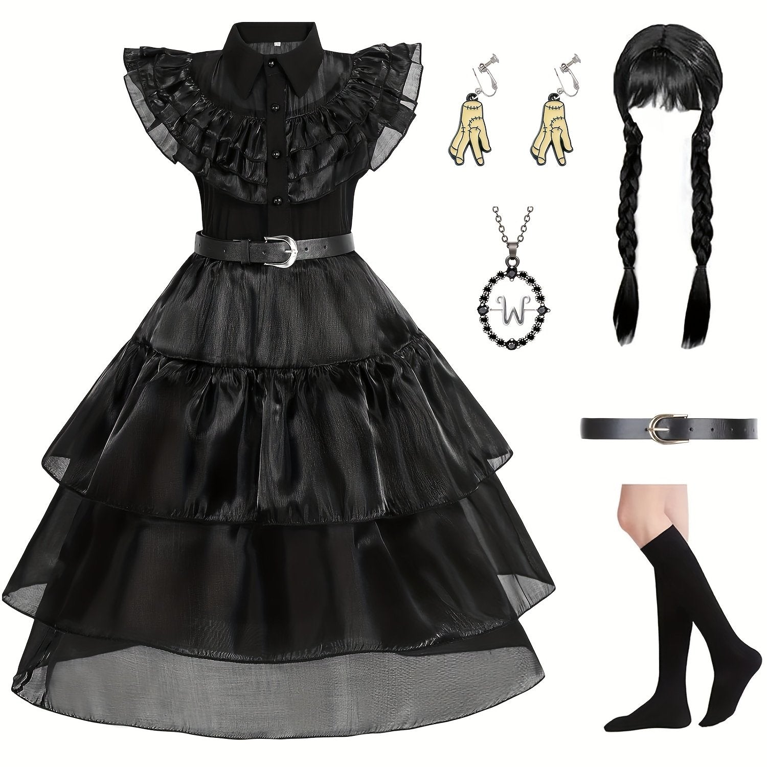 Stylish black princess costume dress for girls with ruffle details, accessories, and matching belt