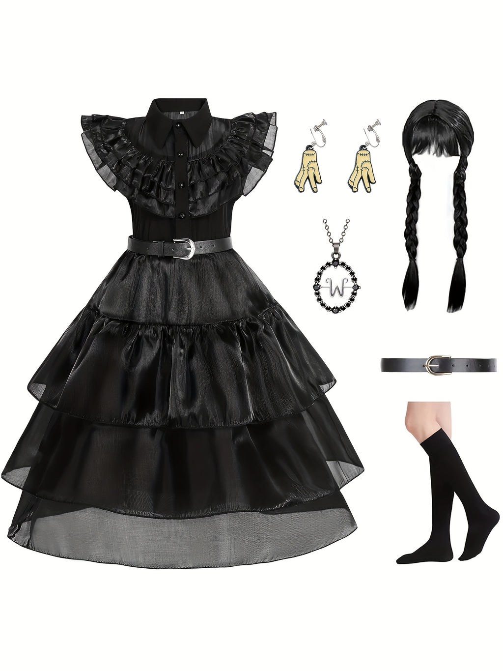 Black princess costume dress for girls with ruffles, accessories, and layered design for dress-up parties