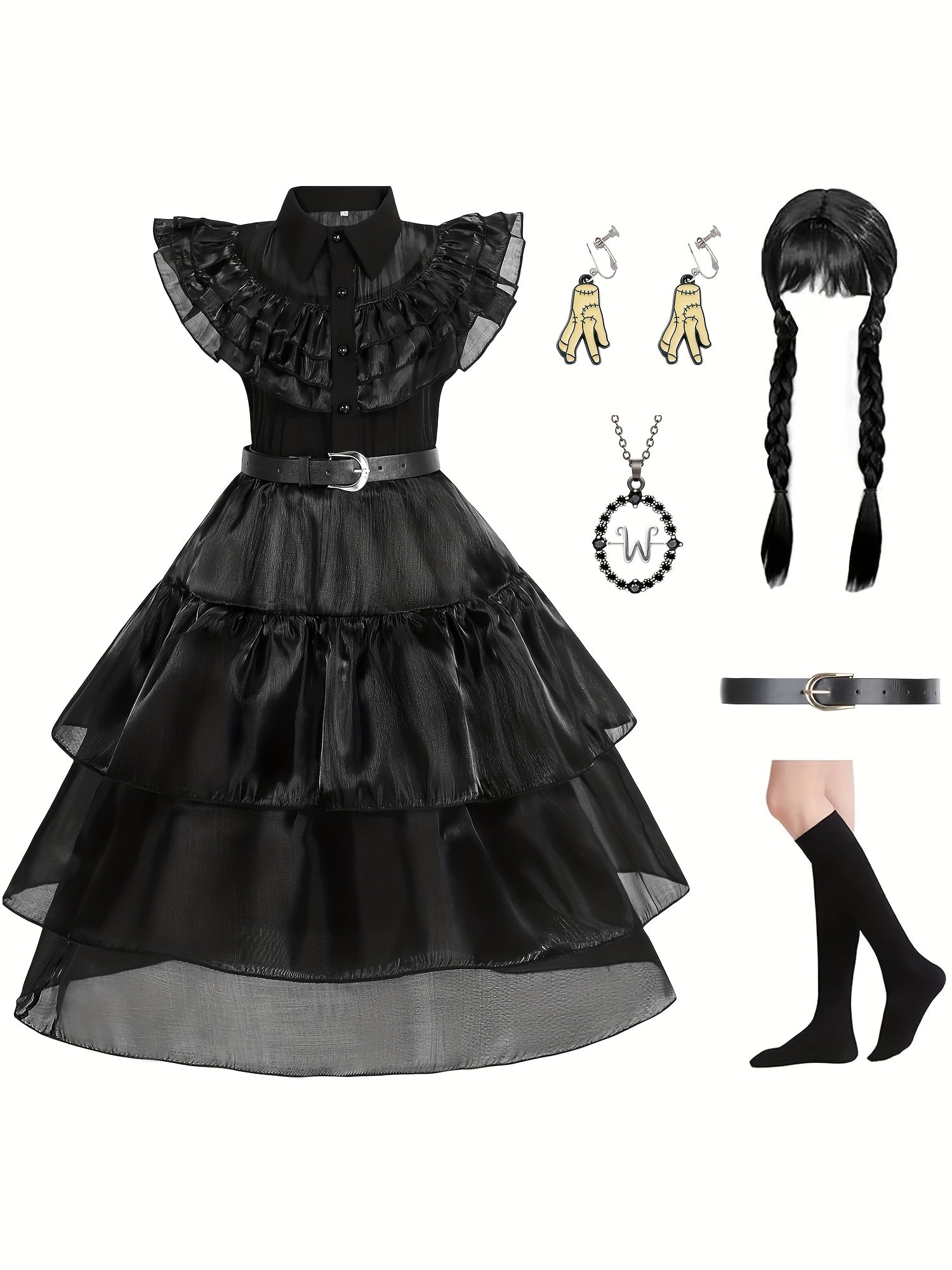 Black princess costume dress for girls with ruffles, accessories, and layered design for dress-up parties