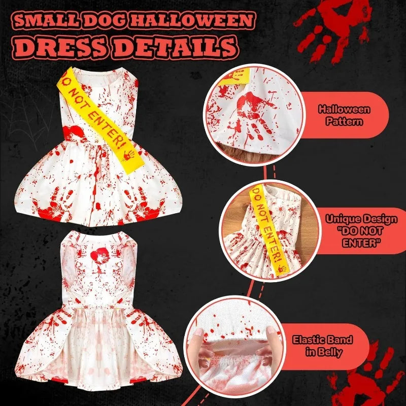 Small dog Halloween dress with blood splatter design and elastic band for comfort, featuring a 'DO NOT ENTER' sign