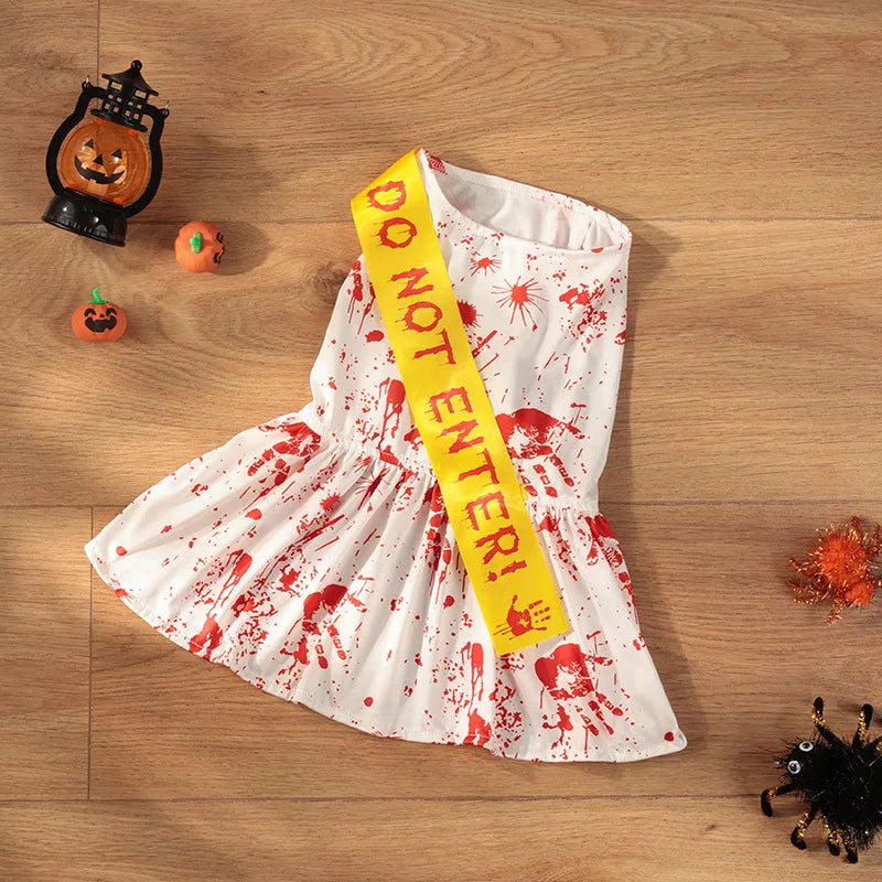 Festive blood splatter dog dress in white with a cute design for Halloween-themed pet parties