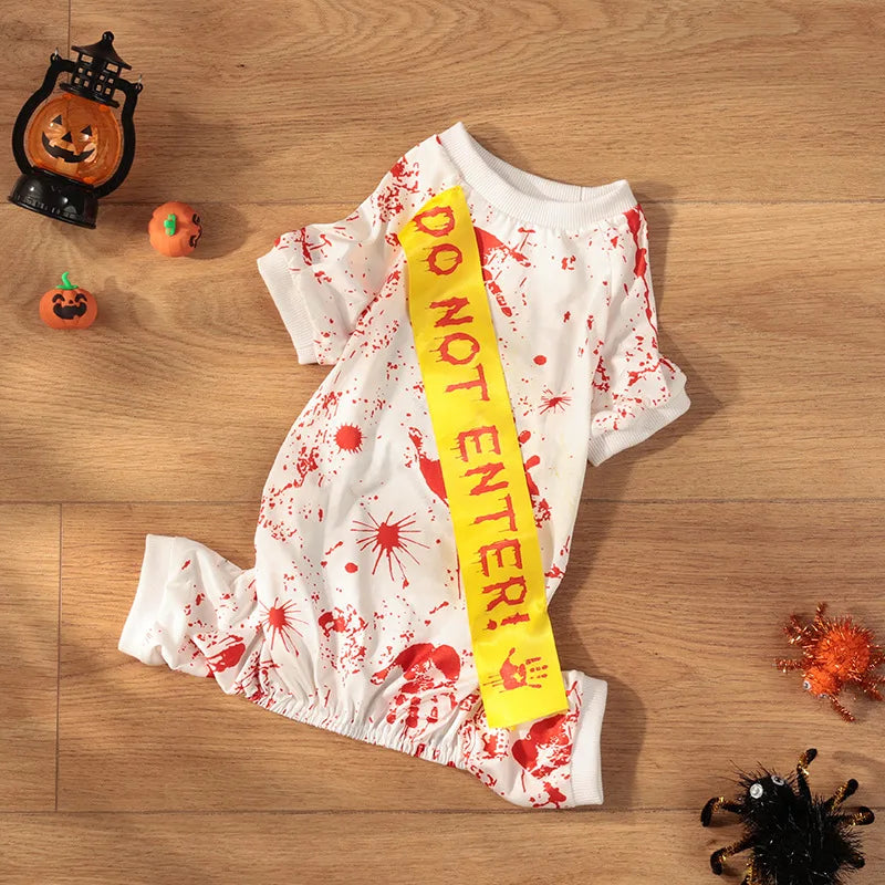 Cute blood splatter dog dress with bright yellow 'Do Not Enter' banner for Halloween fun