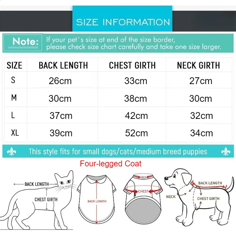 Size chart for blood splatter dog dress with measurements for small to medium breed pets