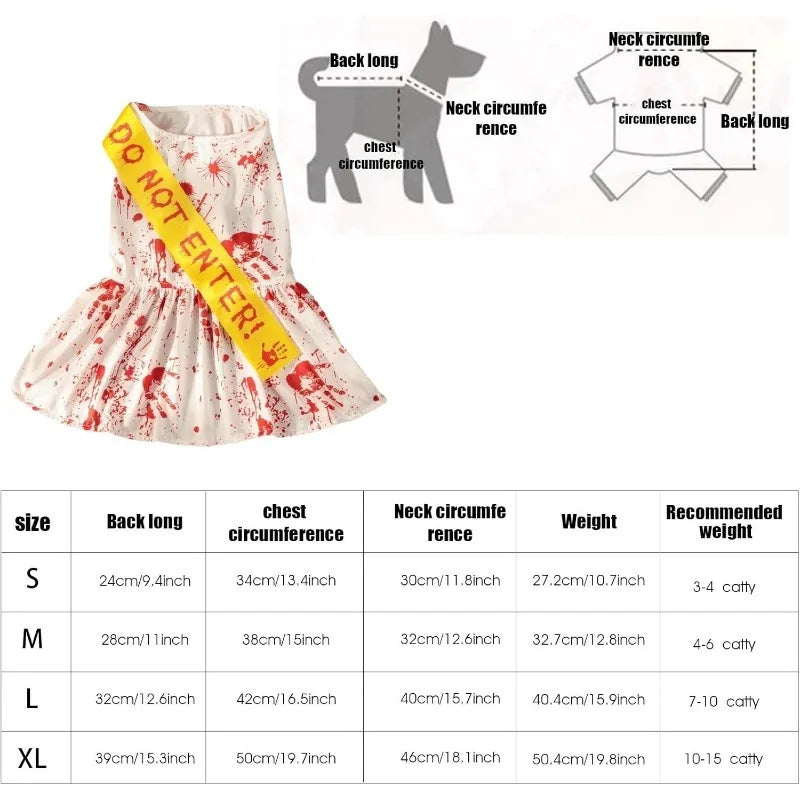 Blood splatter dog dress with a playful design and size chart for easy fitting