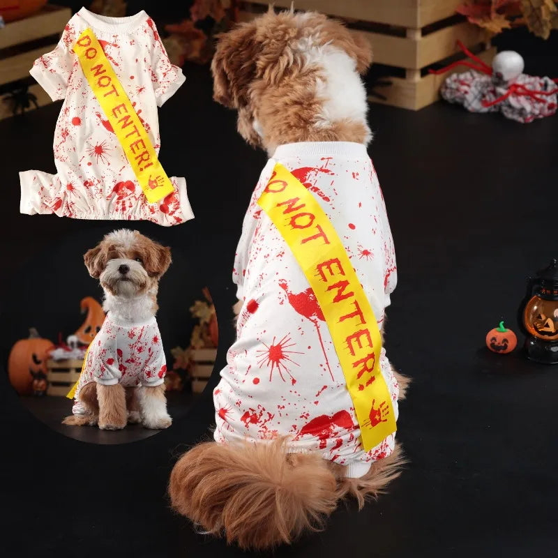 Blood splatter dog dress from Zoomies & Co featuring a playful design with a 'Do Not Enter' sash