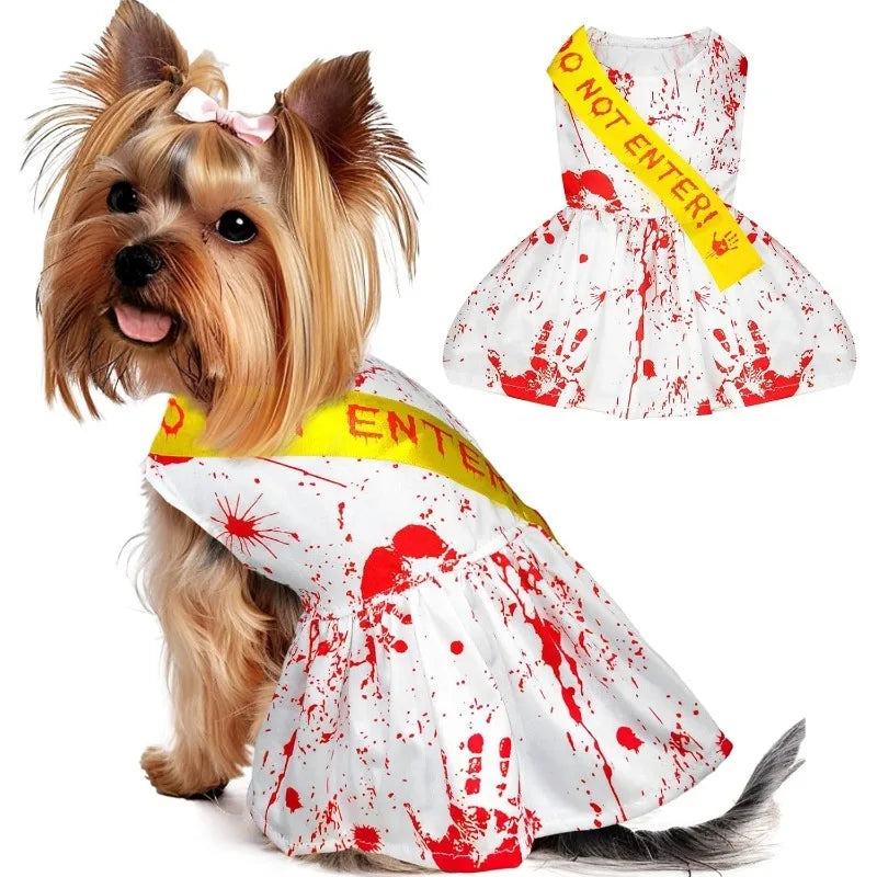 Blood splatter dog dress with a yellow caution ribbon design for festive pet costumes