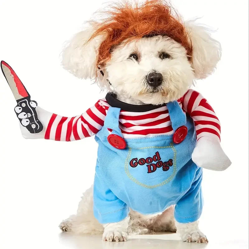 Cute dog in a bloody doll dog costume with wig holding a toy knife, perfect for Halloween festivities