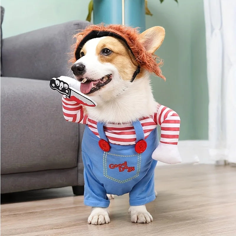 Corgi wearing a bloody doll dog costume with wig and mini axe, perfect for Halloween fun