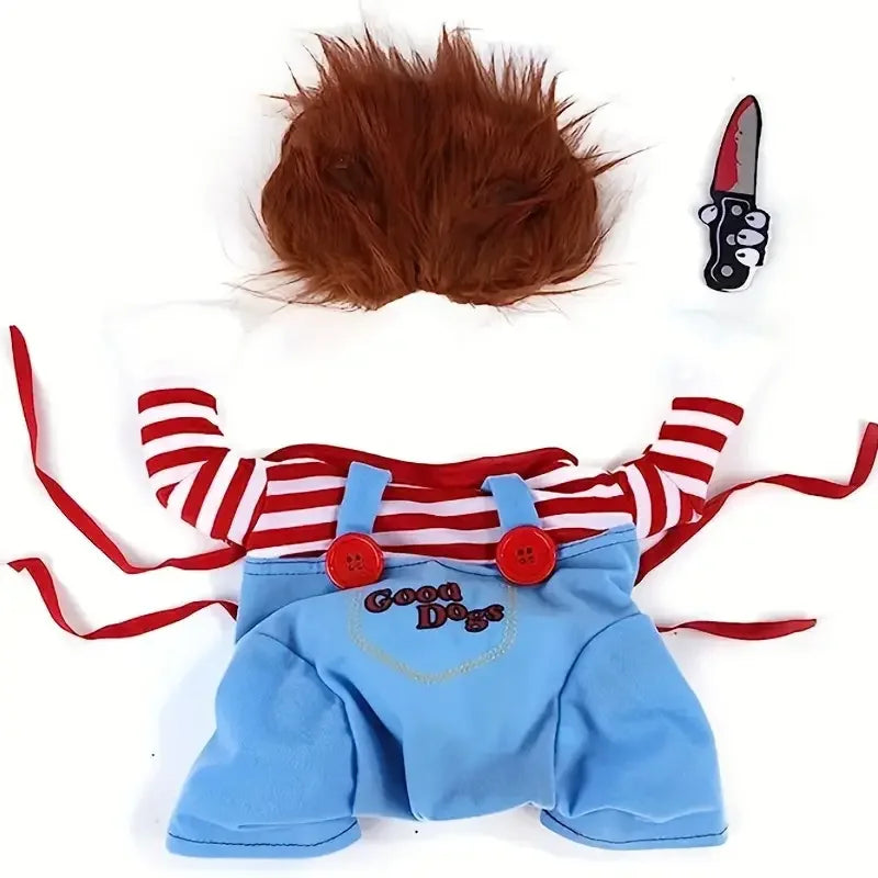 Bloody doll dog costume with wig featuring striped shirt and blue overalls with a prop knife