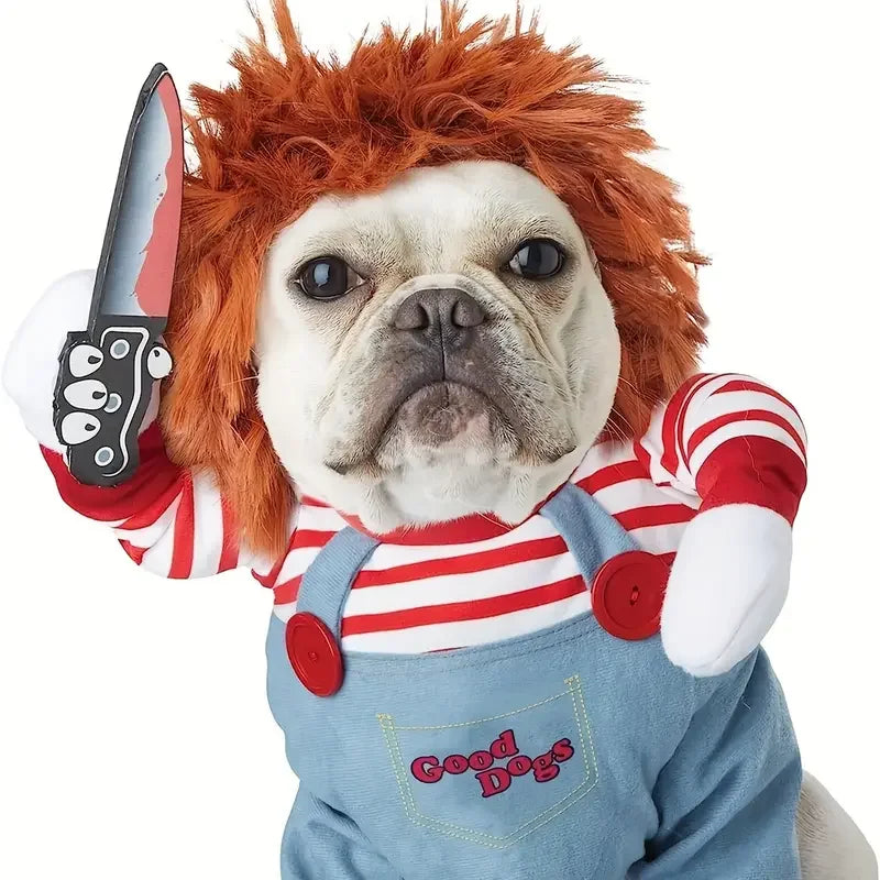 Funny bloody doll dog costume with wig for pets featuring a striped shirt and knife accessory