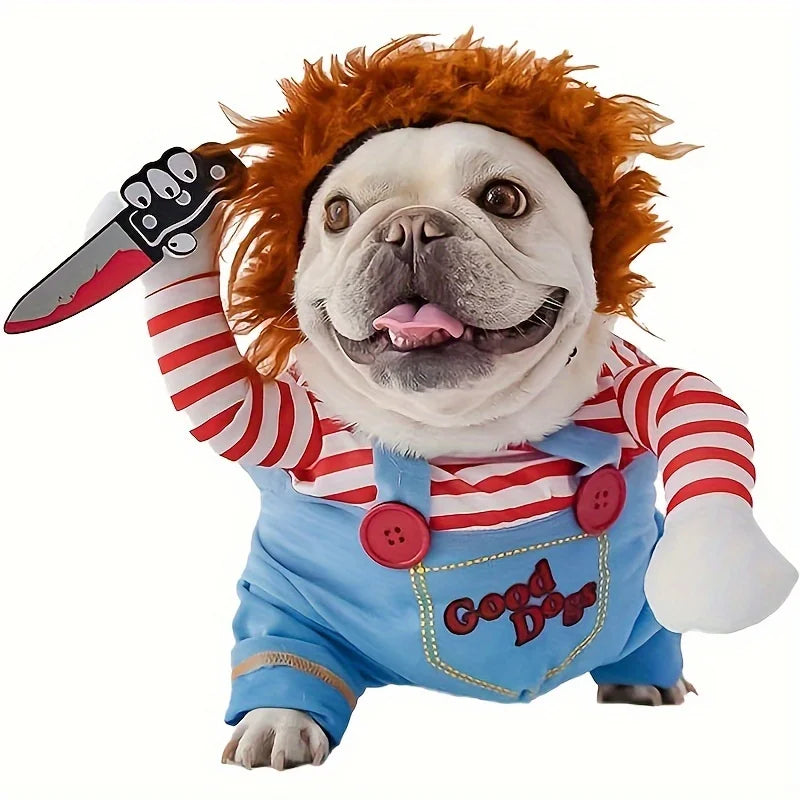 Funny bloody doll dog costume with wig featuring striped shirt and faux knife for Halloween fun