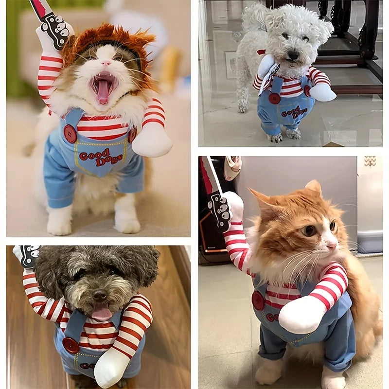 Adorable dog in a bloody doll dog costume with wig, featuring playful design and unique accessories