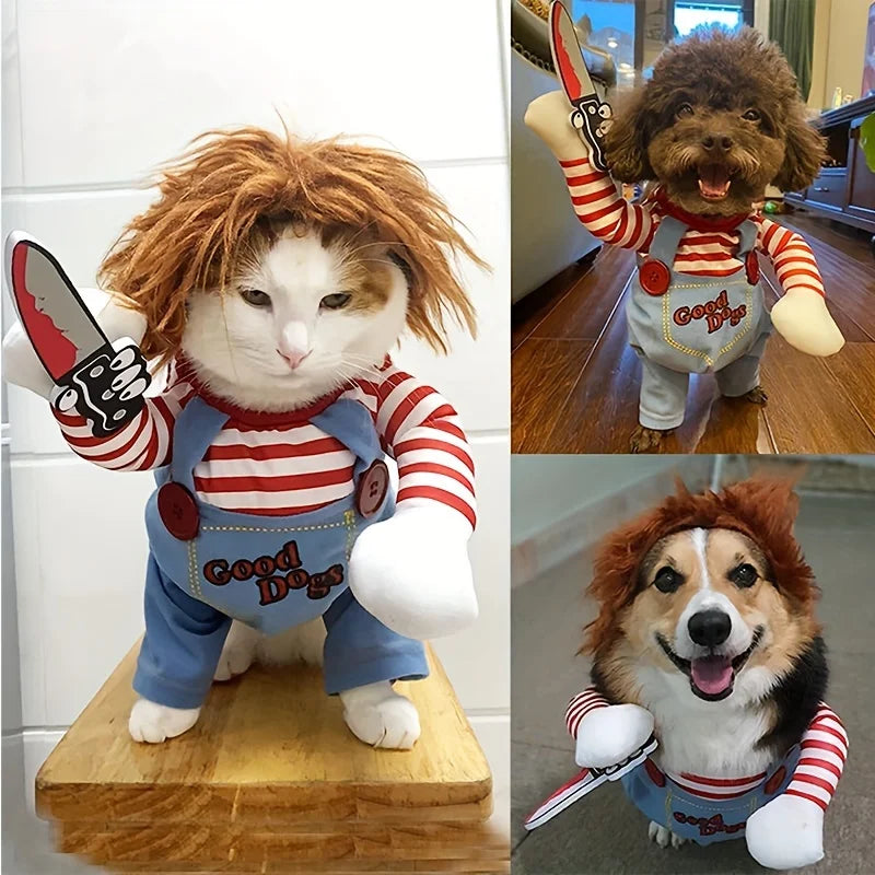 Adorable pets in a bloody doll dog costume with wig, featuring a playful design with arms and a faux knife