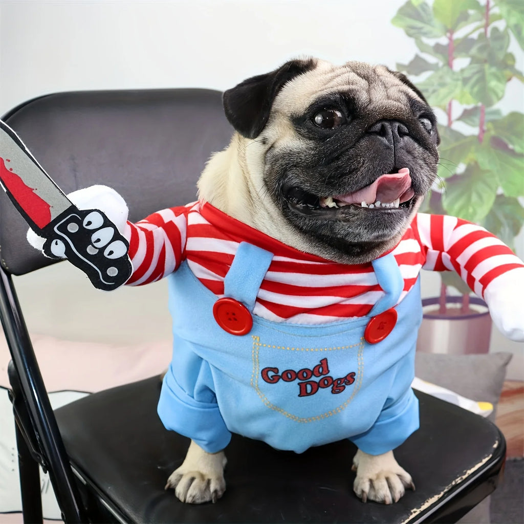 Adorable pug in a bloody doll dog costume with wig, holding a toy knife, ready for Halloween