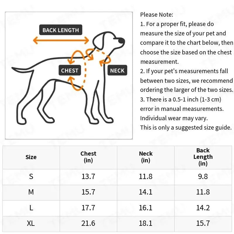 Size guide for bloody doll dog costume with wig including measurements for chest, neck, and back length