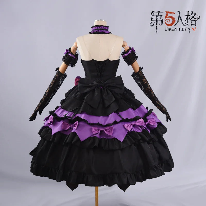 Elegant Bloody Queen Mary cosplay costume featuring a black and purple layered gown with lace gloves