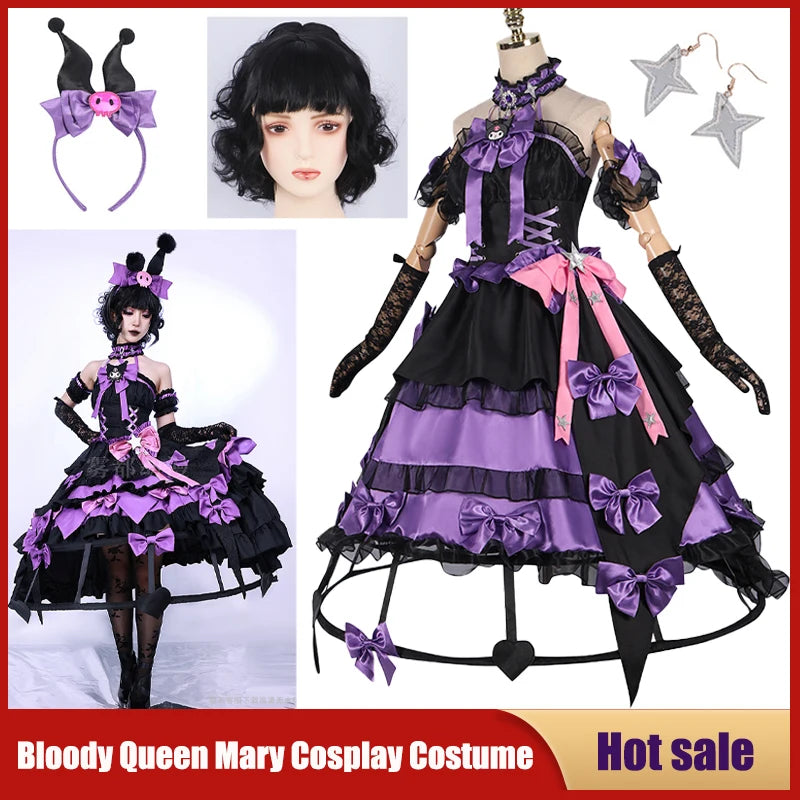 Bloody Queen Mary cosplay costume featuring black and purple design with bows and gloves