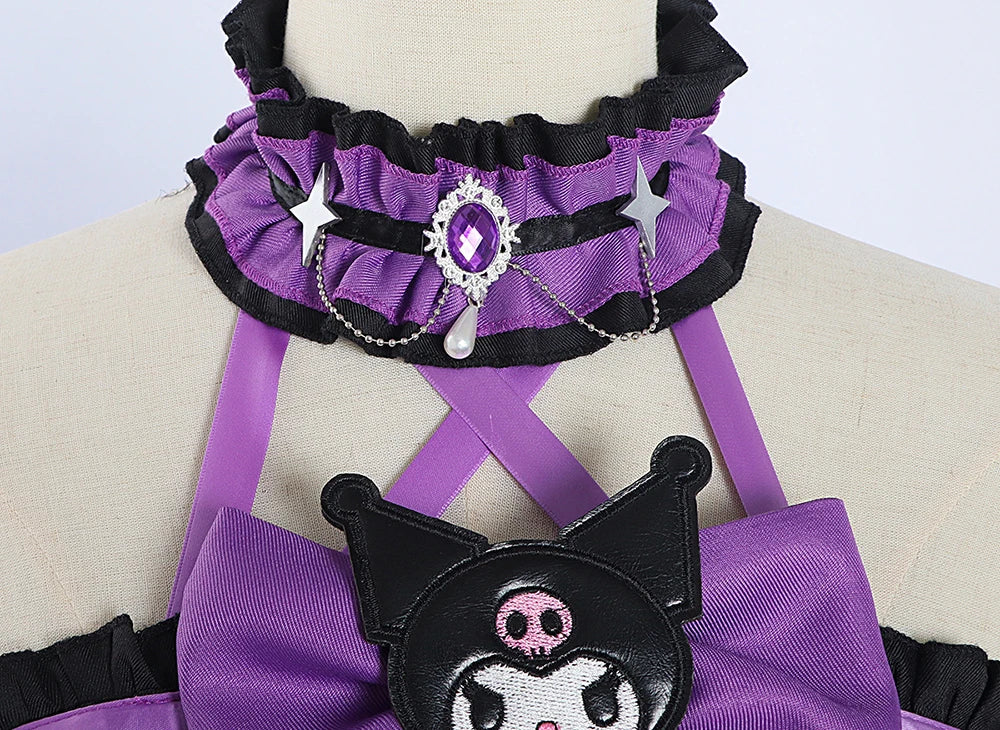 Close-up of Bloody Queen Mary cosplay costume choker with purple ruffles and decorative gems