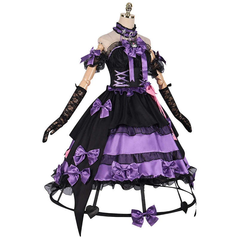 Elegant Bloody Queen Mary cosplay costume featuring black and purple dress with bows and lace gloves