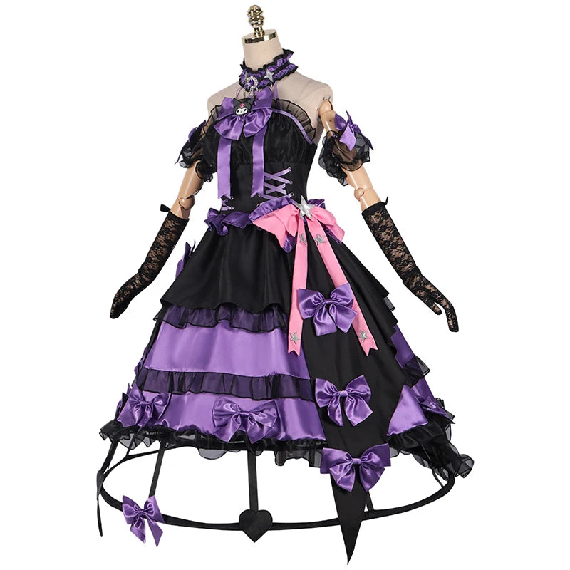 Bloody Queen Mary cosplay costume featuring a layered black and purple dress with bows and lace gloves