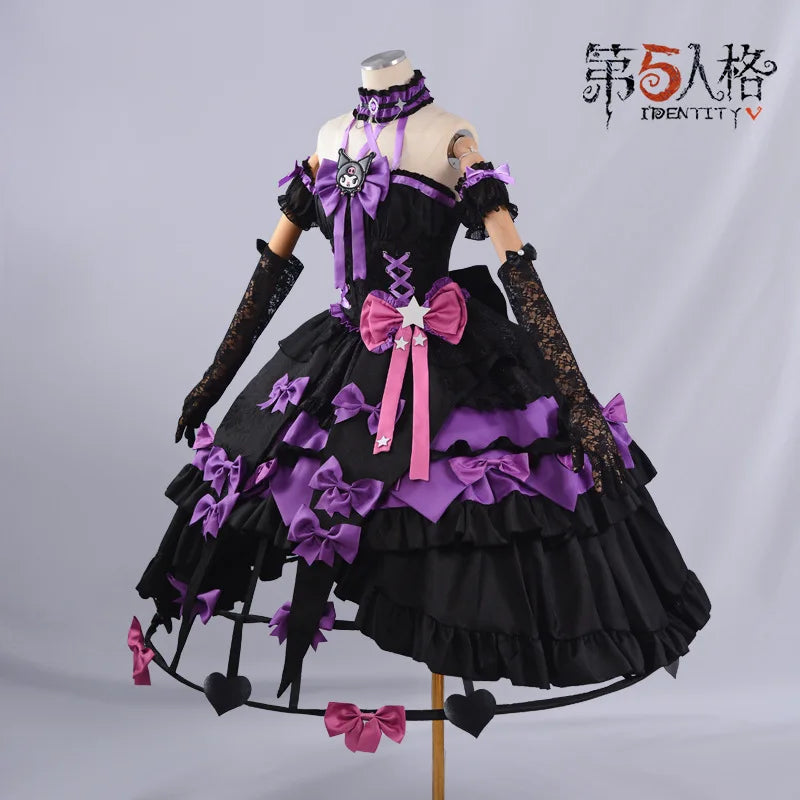 Detailed Bloody Queen Mary cosplay costume featuring black and purple layers with bows and accessories