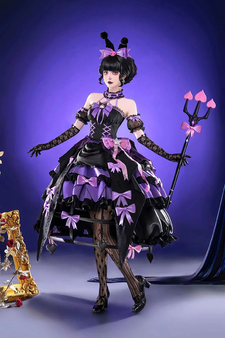 Elegant Bloody Queen Mary cosplay costume featuring black and purple dress with bows and accessories