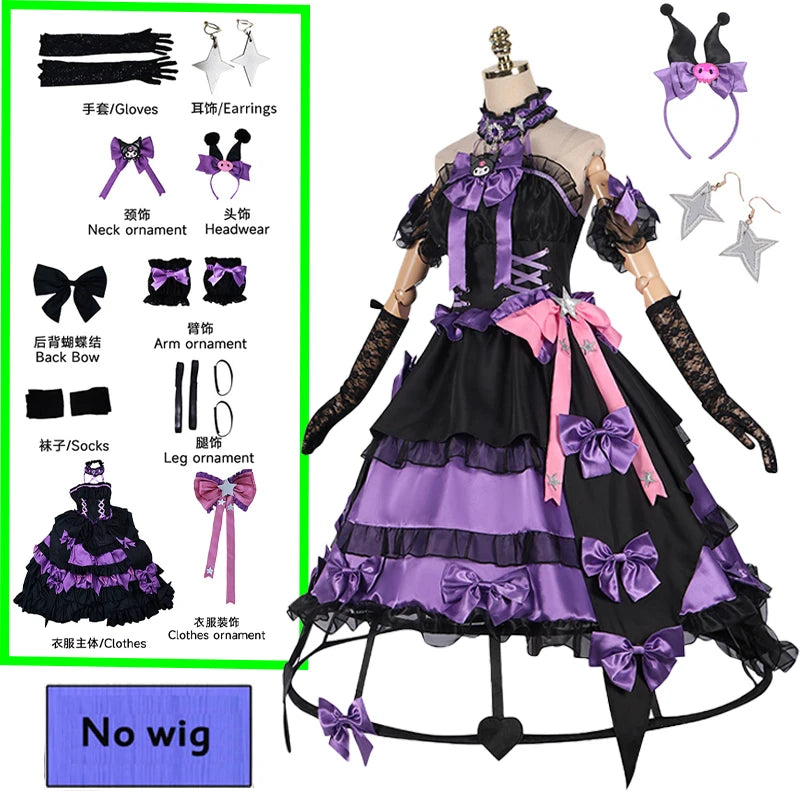 Bloody Queen Mary cosplay costume featuring black and purple dress with accessories including gloves and earrings