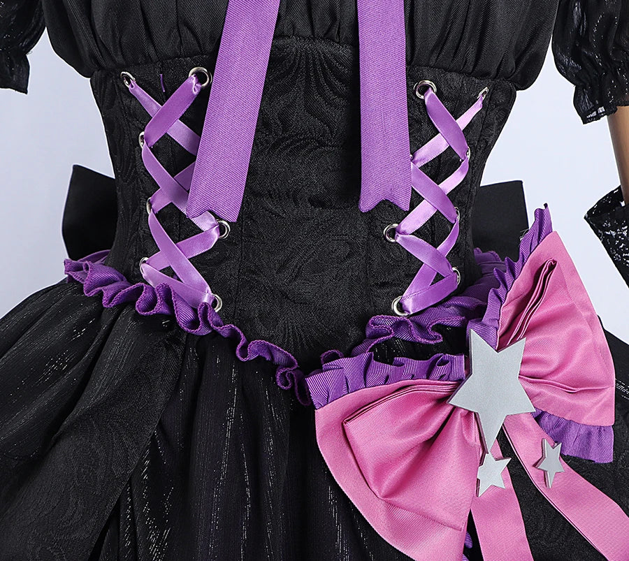 Close-up of the Bloody Queen Mary cosplay costume featuring intricate lacing and colorful embellishments