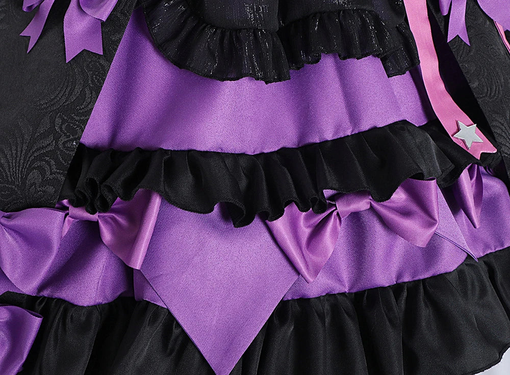 Bloody Queen Mary cosplay costume with intricate black and purple ruffles and bows for Halloween events