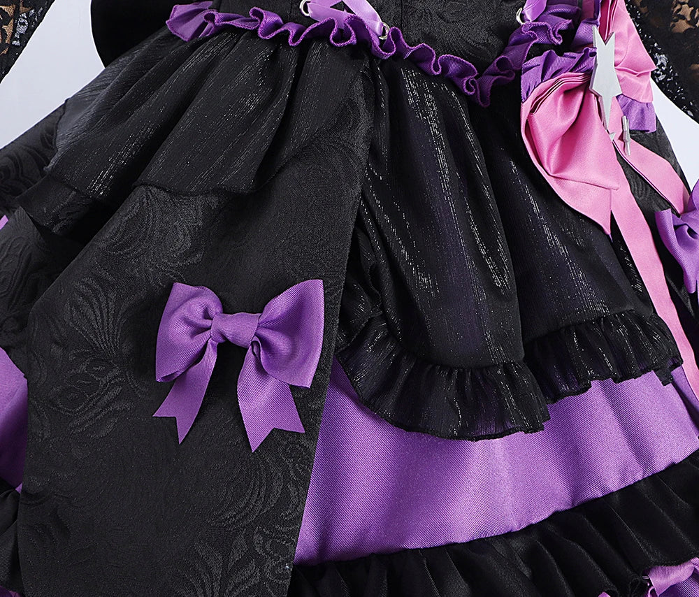 Detailed view of the Bloody Queen Mary cosplay costume featuring ruffled layers and decorative bows