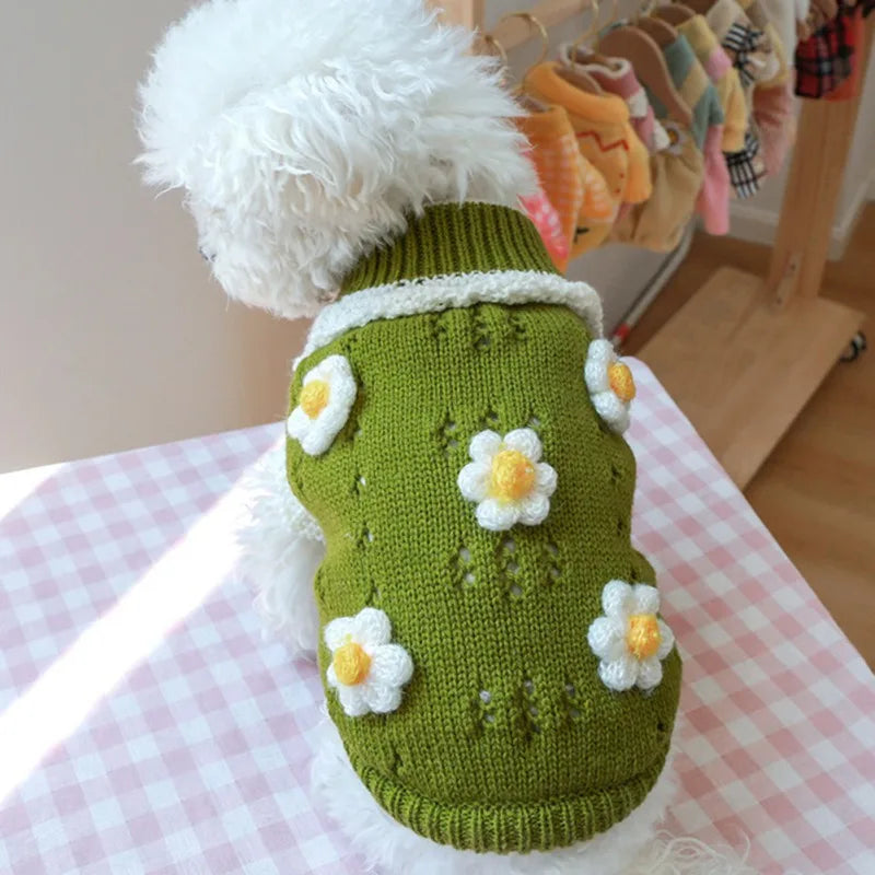 Cute green blossoming flower dog sweater with floral designs for stylish pets