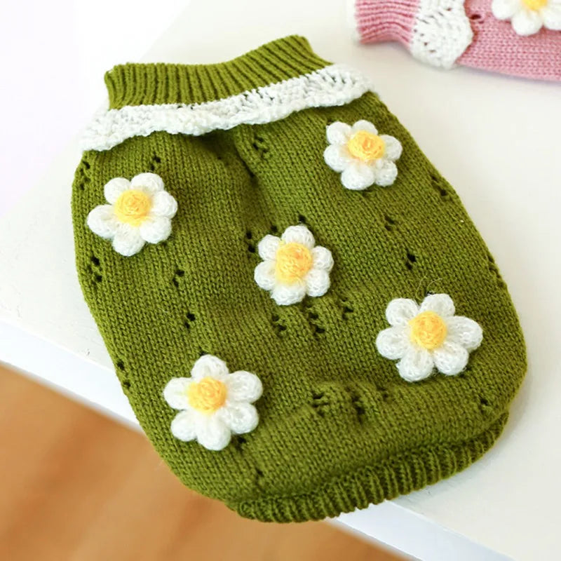 Green blossoming flower dog sweater with floral designs, perfect for stylish pets