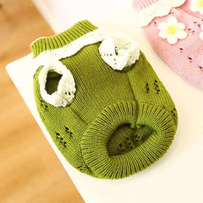 Green blossoming flower dog sweater with a decorative white trim for stylish pet outfits