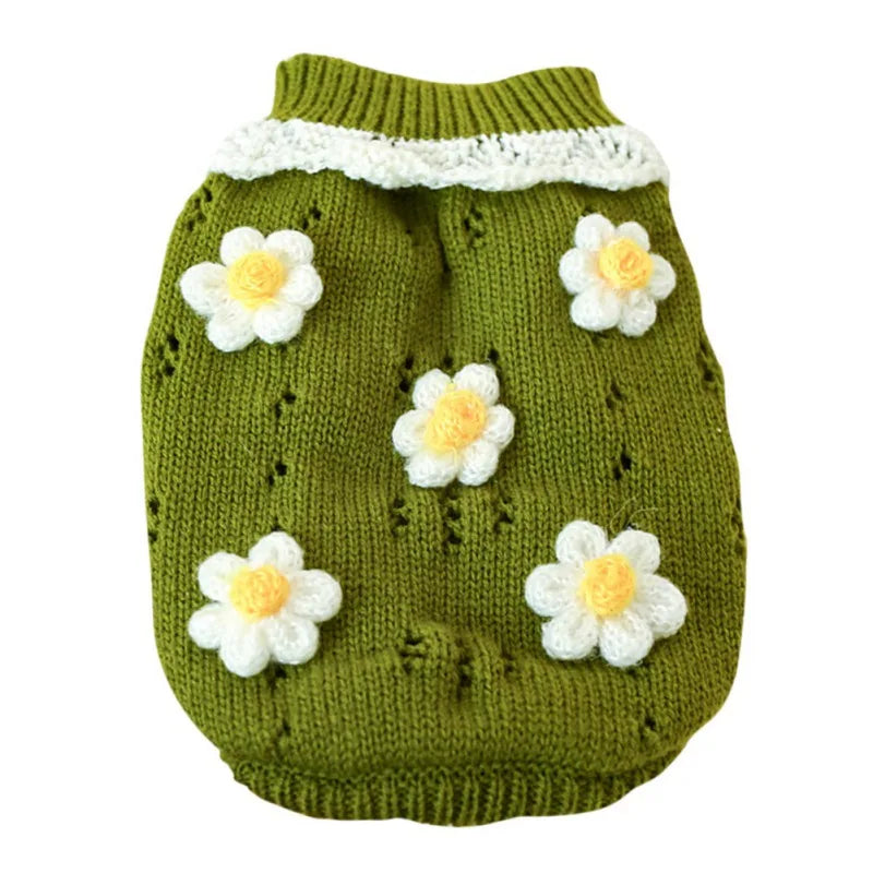 Blossoming flower dog sweater in green with white and yellow flower embellishments