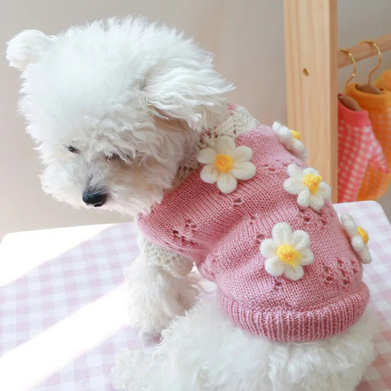 Cute pink blossoming flower dog sweater with plush floral appliques for small dogs