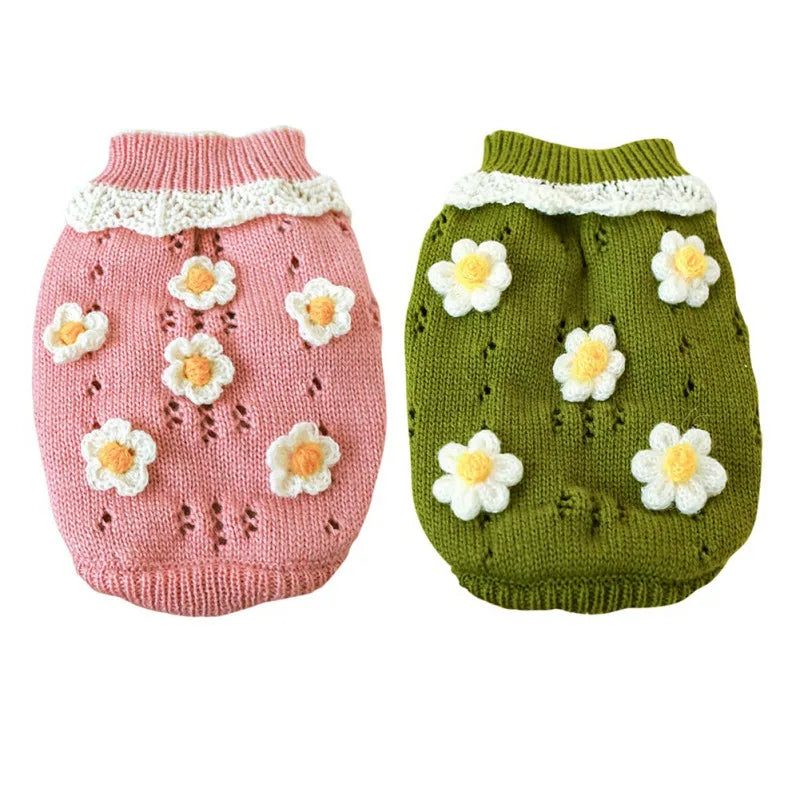 Blossoming flower dog sweater in pink and green with floral designs for stylish pets