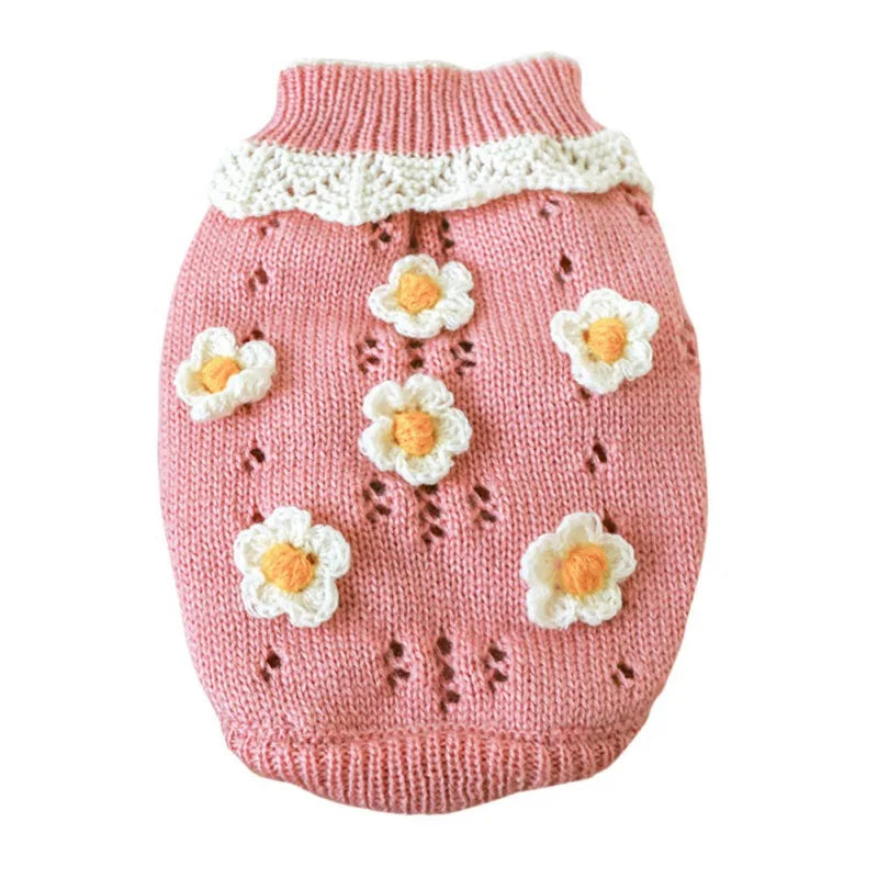 Adorable pink blossoming flower dog sweater with crochet floral accents and lace collar