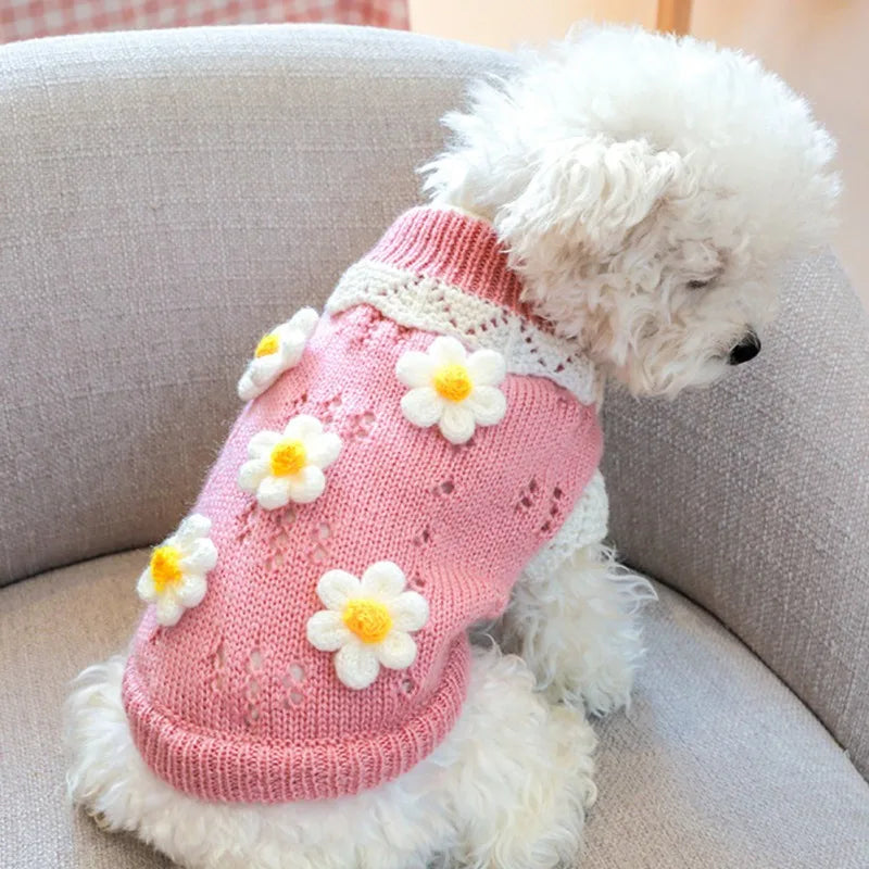 Cute pink blossoming flower dog sweater with floral appliques for small dogs