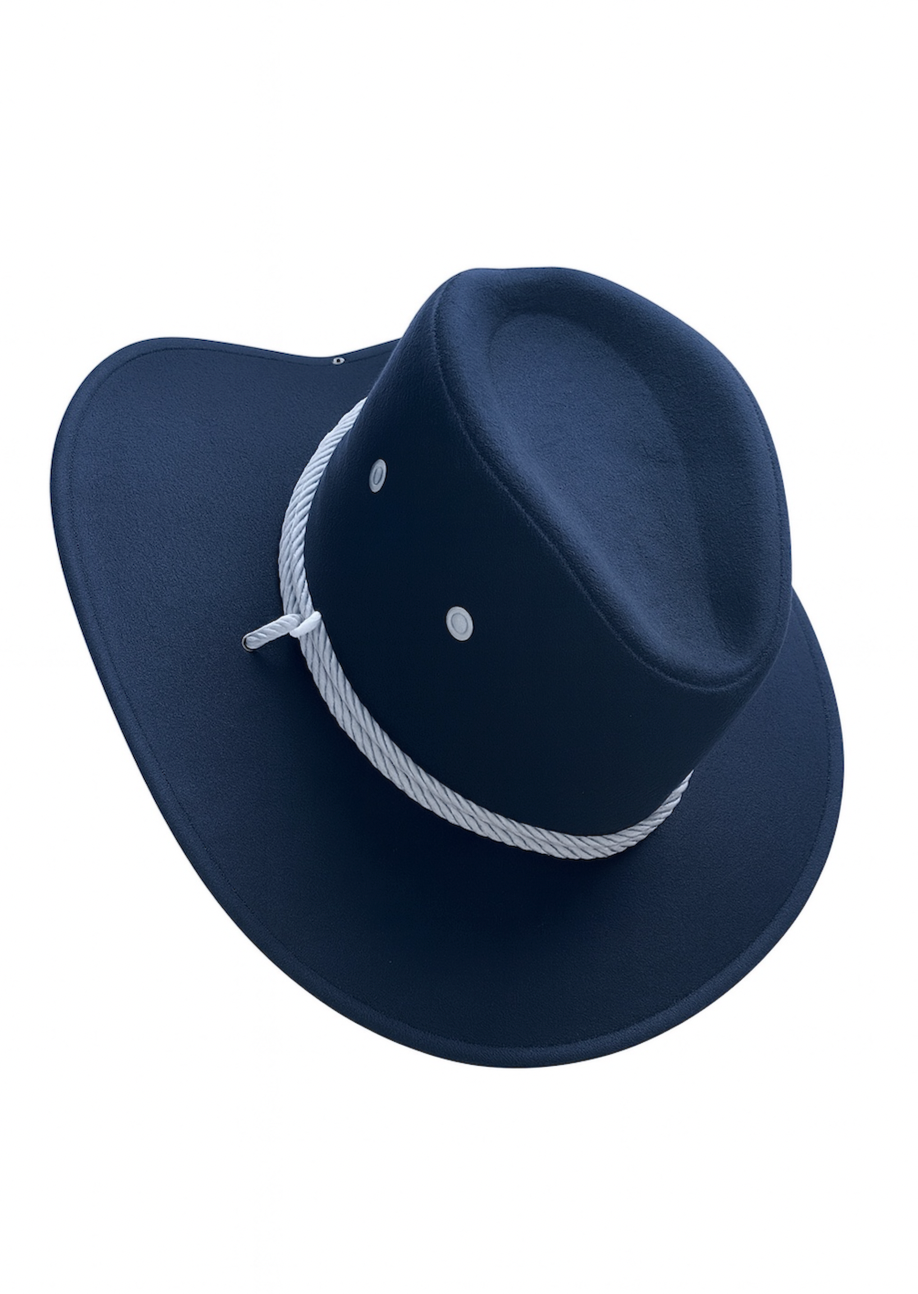 Lorlie blue cowgirl hat for Halloween with white rope band and wide brim for festive style