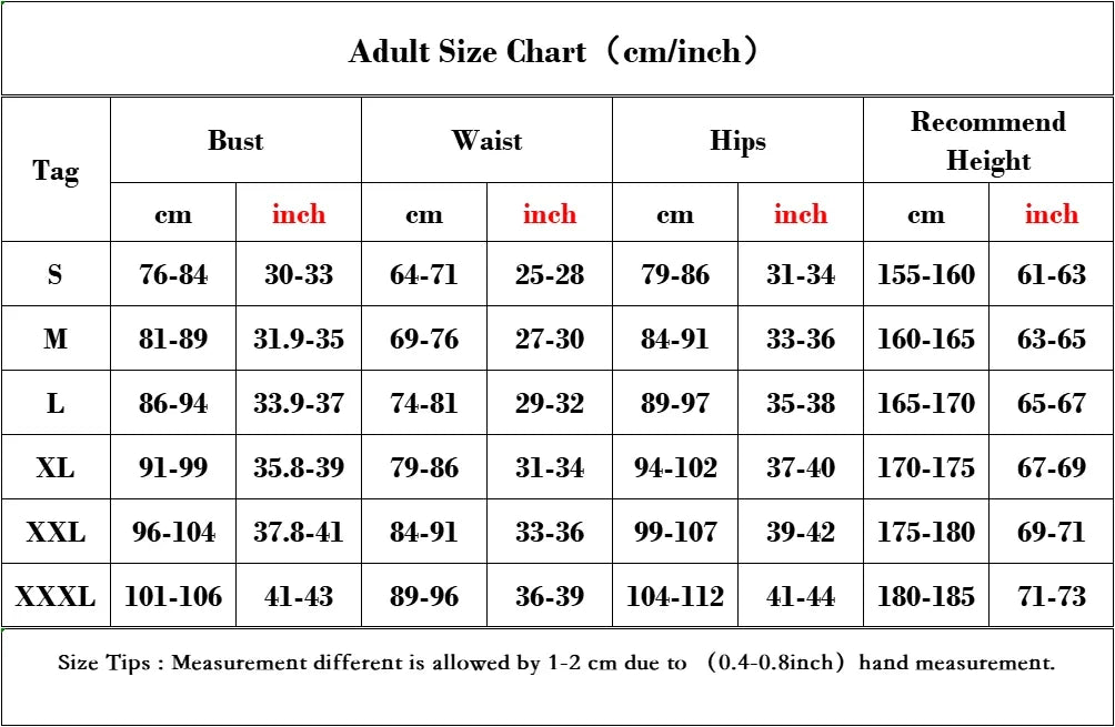 Adult size chart for Brand New Day Spiderman costume with measurements for bust, waist, hips, and recommended height