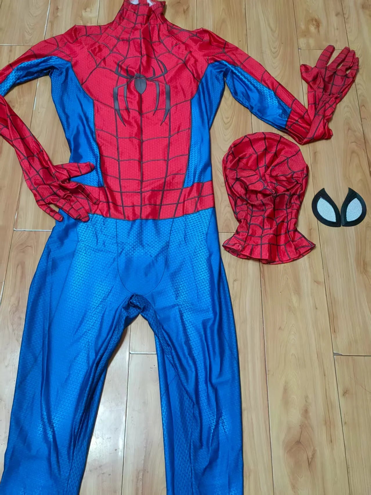 Brand New Day Spiderman costume featuring a red and blue jumpsuit with matching gloves and mask