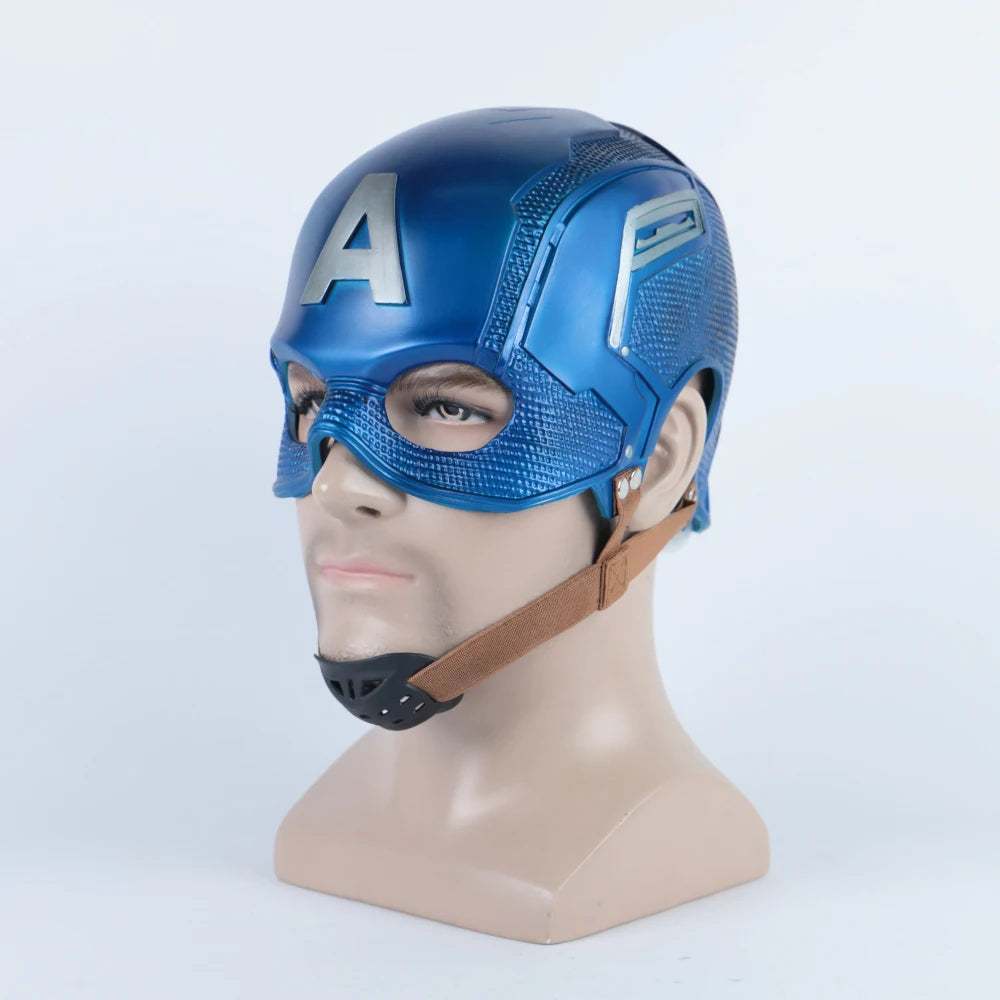Captain America Halloween mask with a shiny blue finish and adjustable chin strap for a perfect fit
