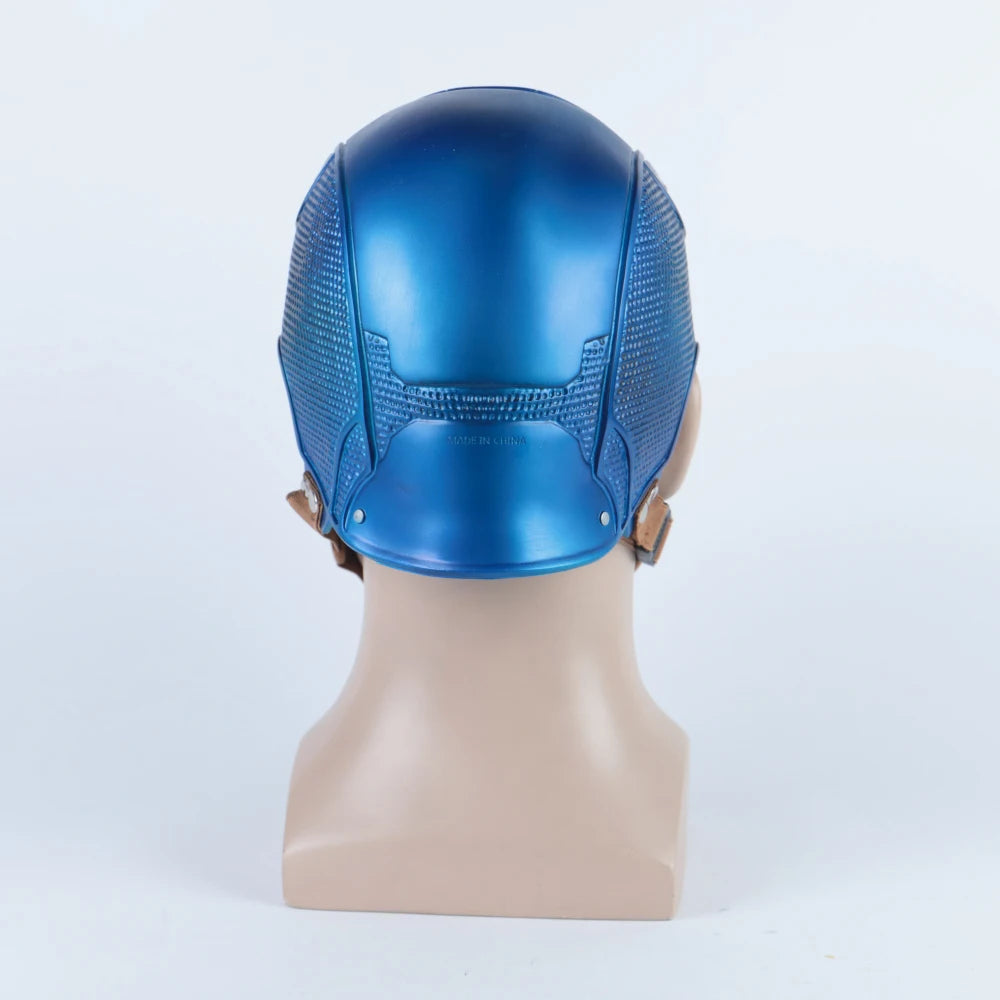 Back view of Captain America Halloween mask in blue with textured detailing from Zoomies & Co
