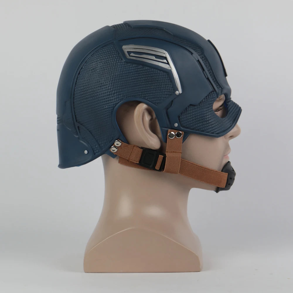 Side view of Captain America Halloween mask with adjustable strap and detailed design for costume parties